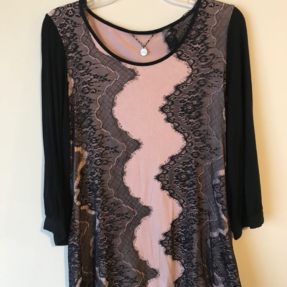 BKE Boutique mauve and black lace shirt